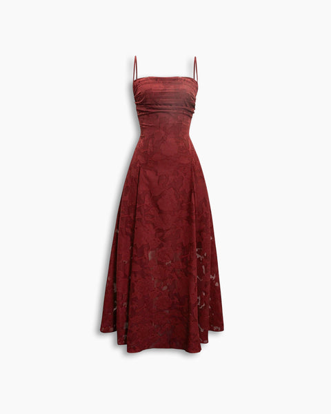 Backless Drawstring Sleeveless Floral Textured Dress in Merlot Red Front View for Women | Littlebox India 