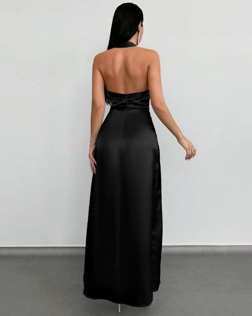 Backless Halter Neck Maxi Dress in Black