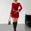 Backless Mesh Trumpet Sleeve Bodycon Mini Dress in Red Front View for Women | Littlebox India