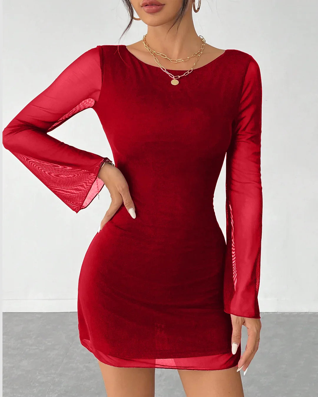 bodycon mini red dress Backless Mesh Trumpet Sleeve in A-Line Illusion Neck Lace consider sizing up for BTS 3/22/25 Color:Deep Mauve