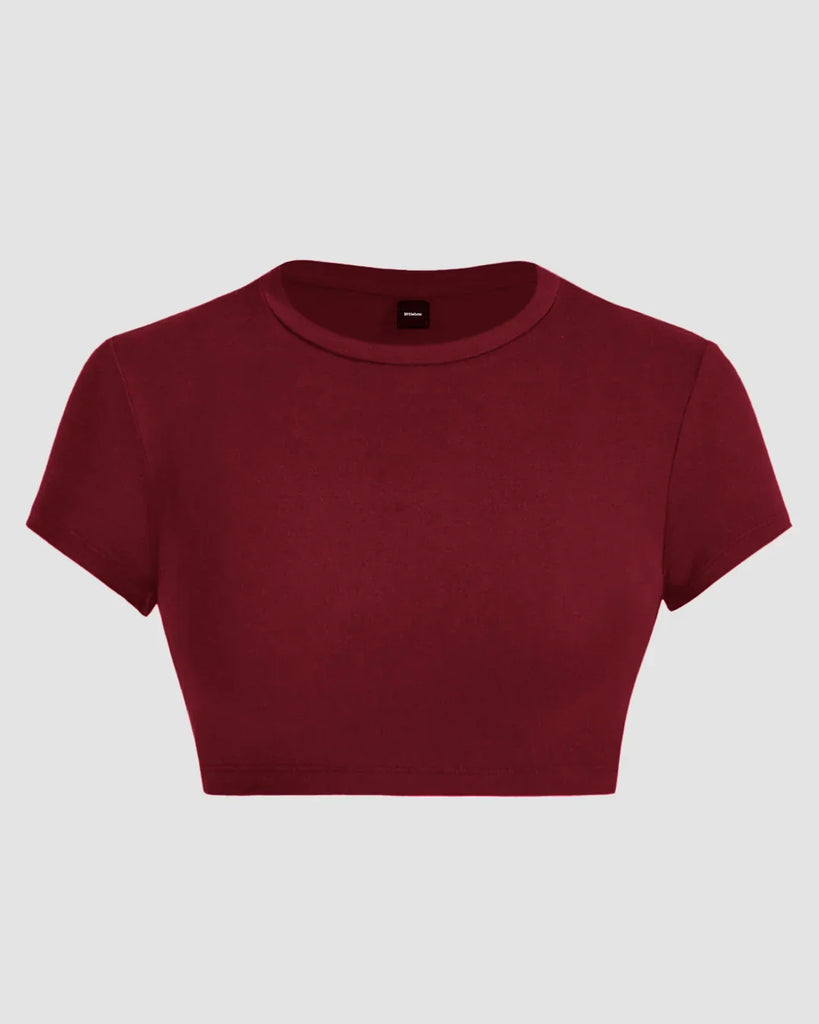 Burgundy cotton fitted crop top with a basic crew neck design.