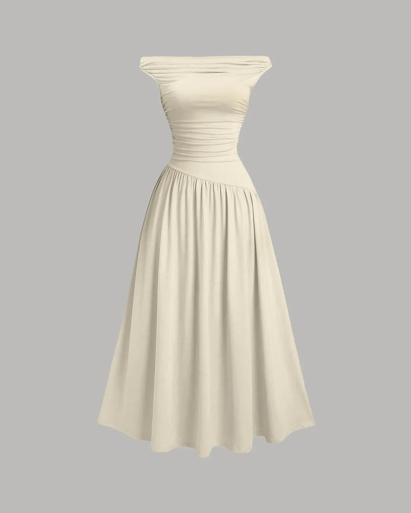Elegant beige off-shoulder midi dress with a fit and flare silhouette, crafted from soft fabric.