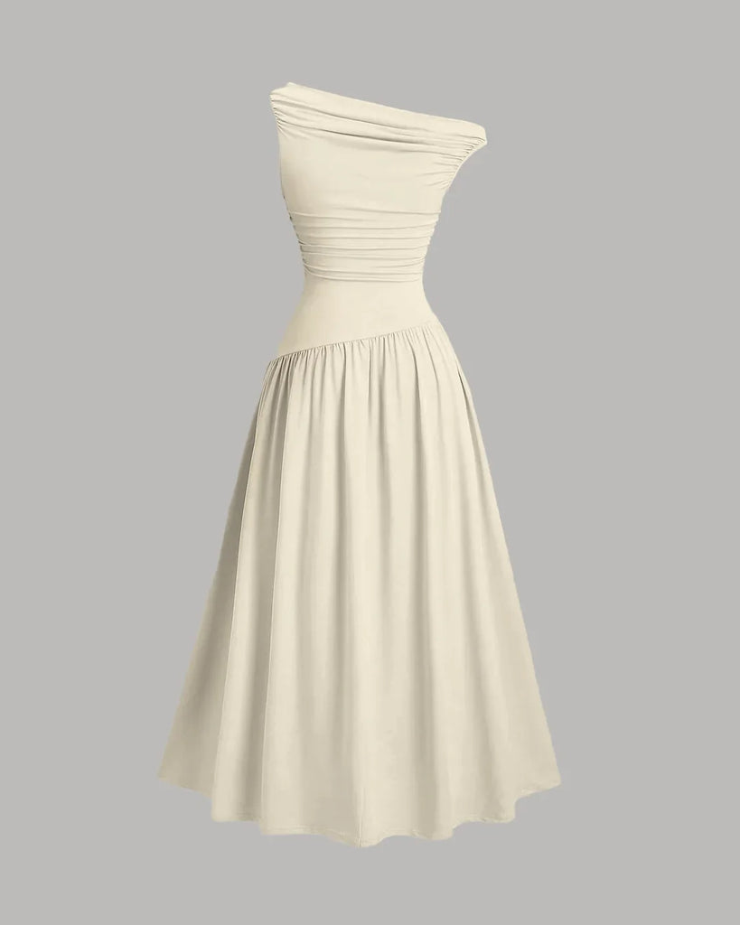 Elegant beige off-shoulder midi dress with a fit and flare silhouette, crafted from soft fabric.