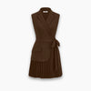 Belted Pleated Sleeveless Blazer Dress in Brown Front View for Women | Littlebox India