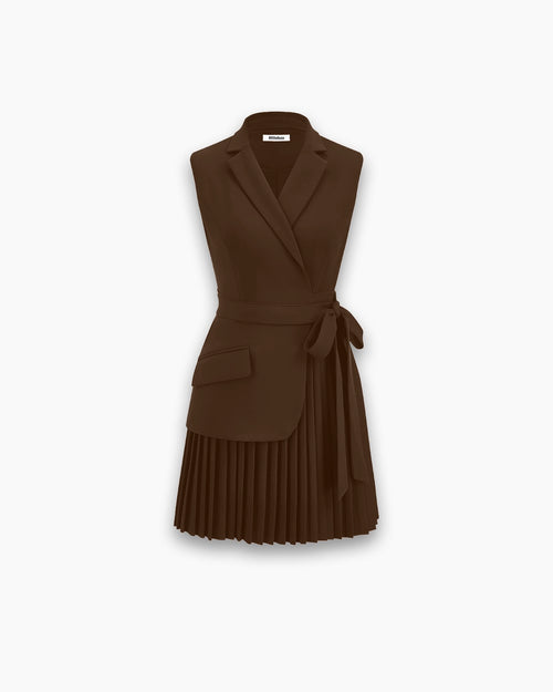 Belted Pleated Sleeveless Blazer Dress in Brown Front View for Women | Littlebox India