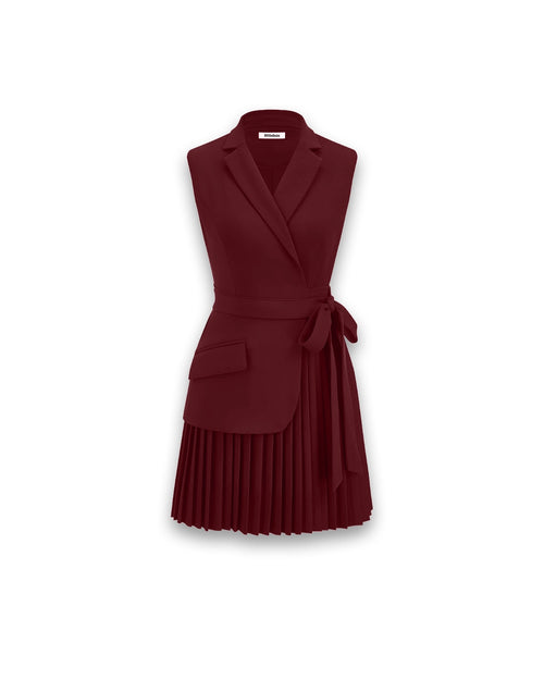 Belted Pleated Sleeveless Blazer Dress in Maroon Front View for Women | Littlebox India