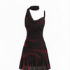 Front view of Black abstract print sleeveless mini dress with fitted bodice and flared hem, featuring a bold modern silhouette