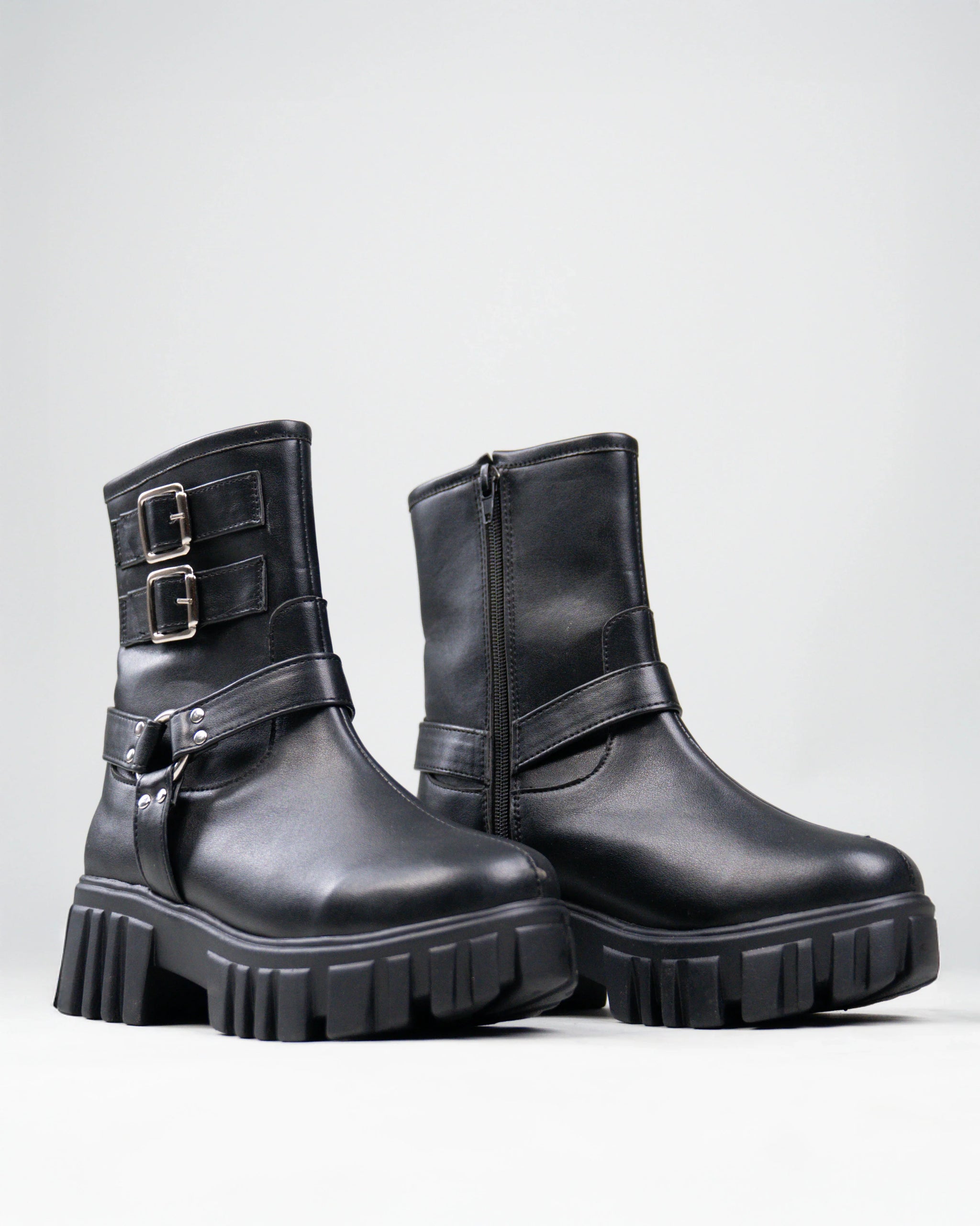 Black Biker Boots with Chunky Platform and Buckle - Littlebox India