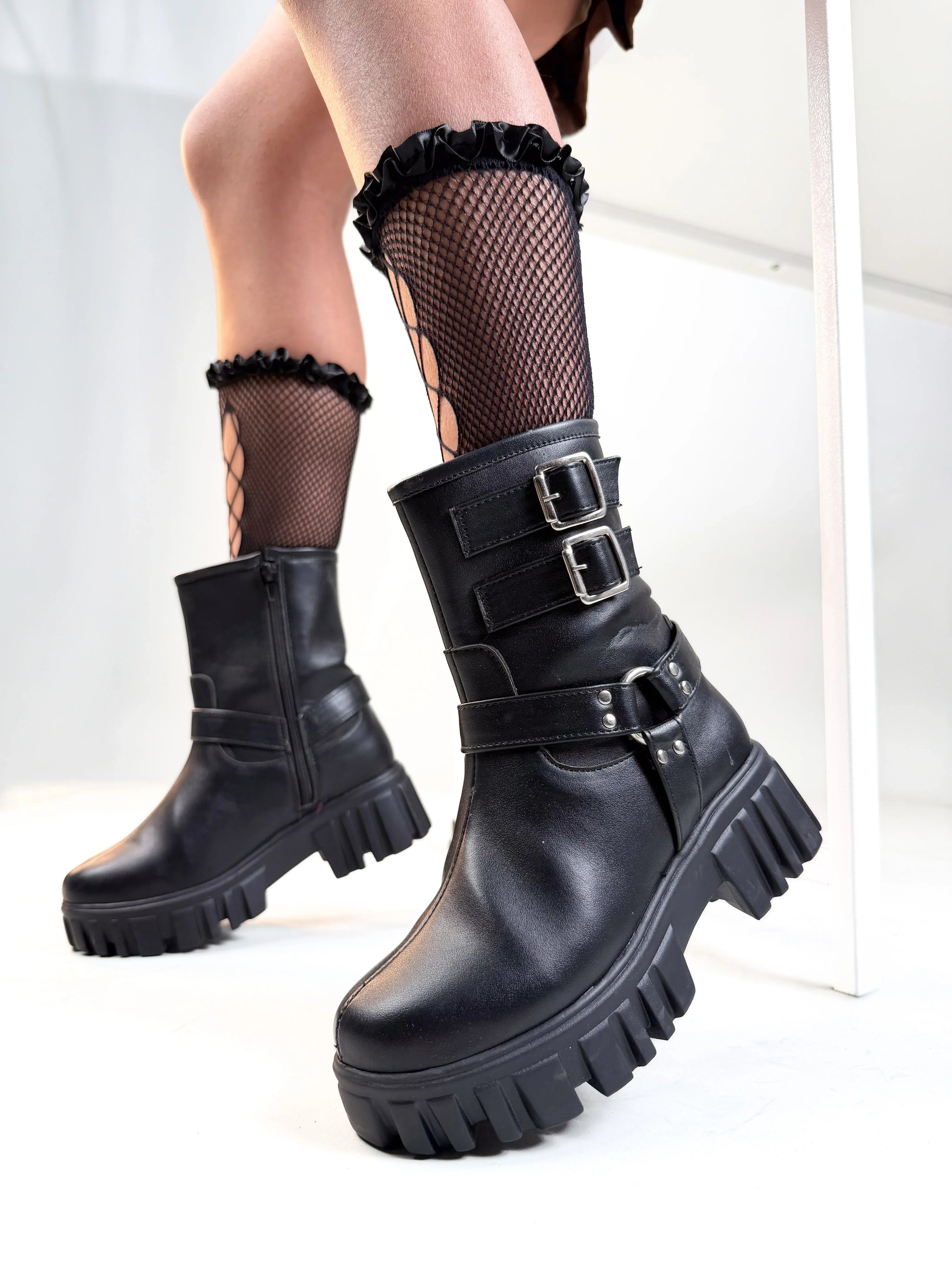 Black Biker Boots with Chunky Platform and Buckle - Littlebox India