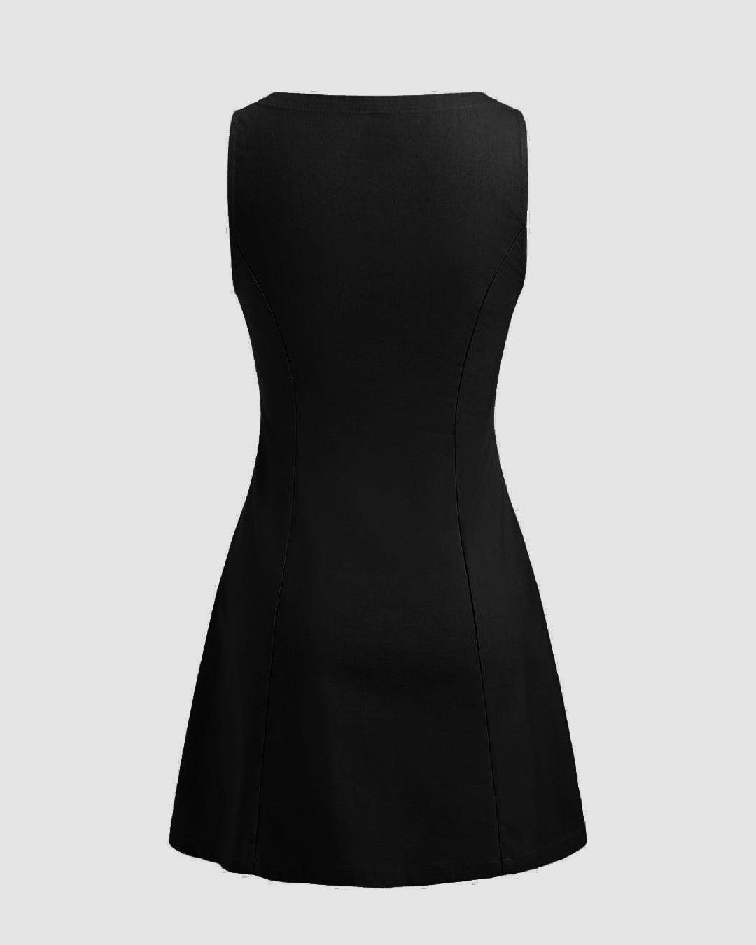 Black Boat Neck Solid Button Sleeveless Mini Dress - Littlebox India Black Boat Neck Solid Button Sleeveless Mini Dress - Littlebox India