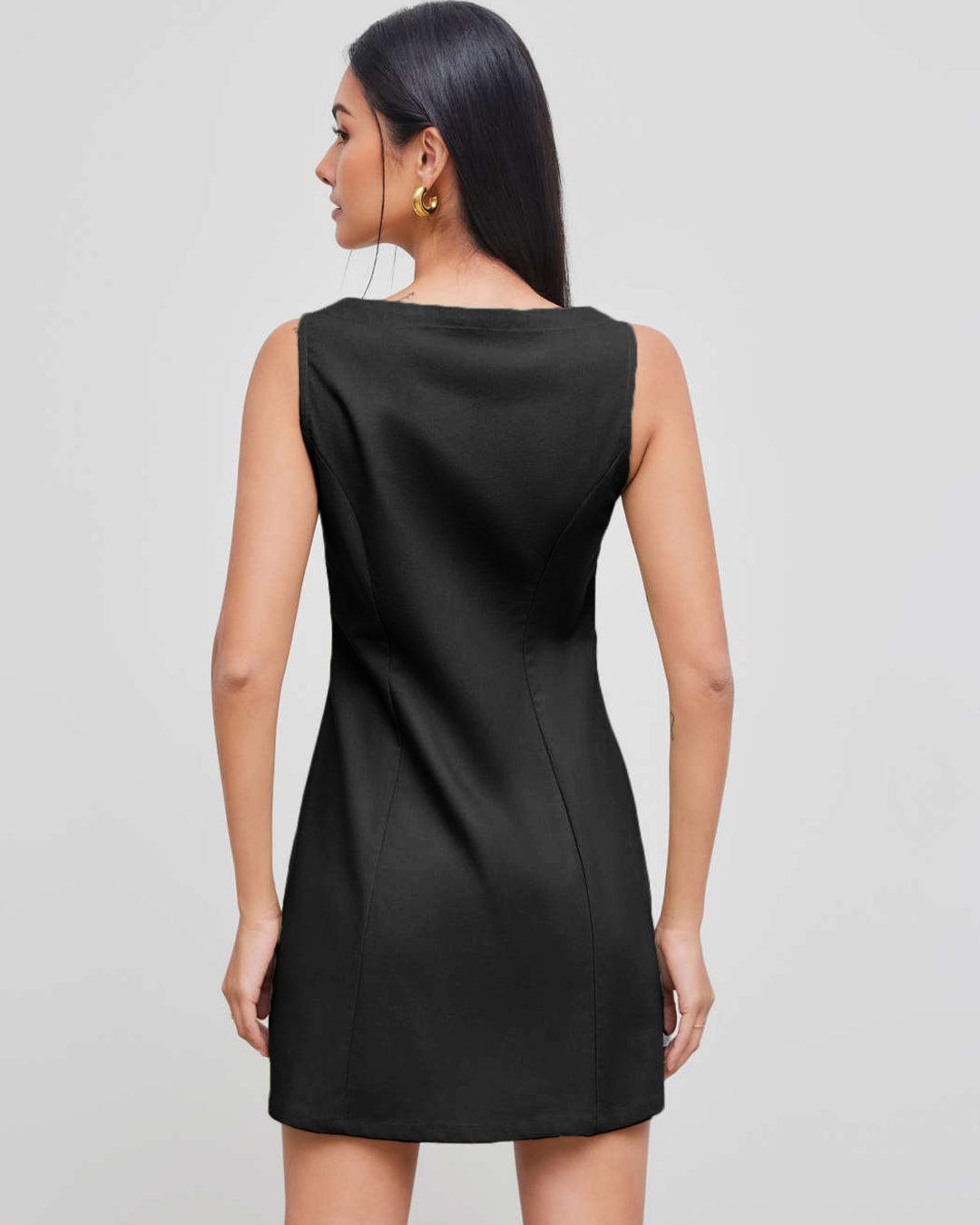 black boat neck mini dress Black Boat Neck Solid Button Sleeveless Mini Dress