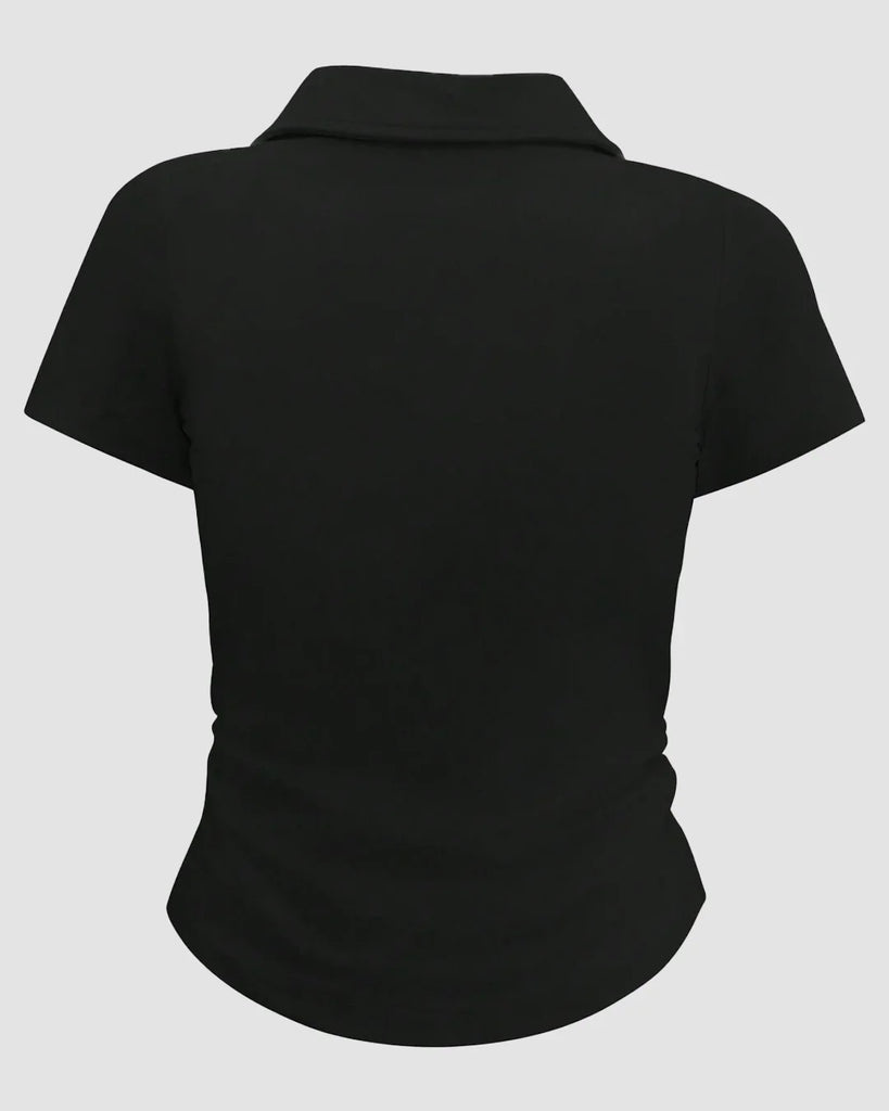 Back view of a Black polo shirt for women featuring a classic collar design.