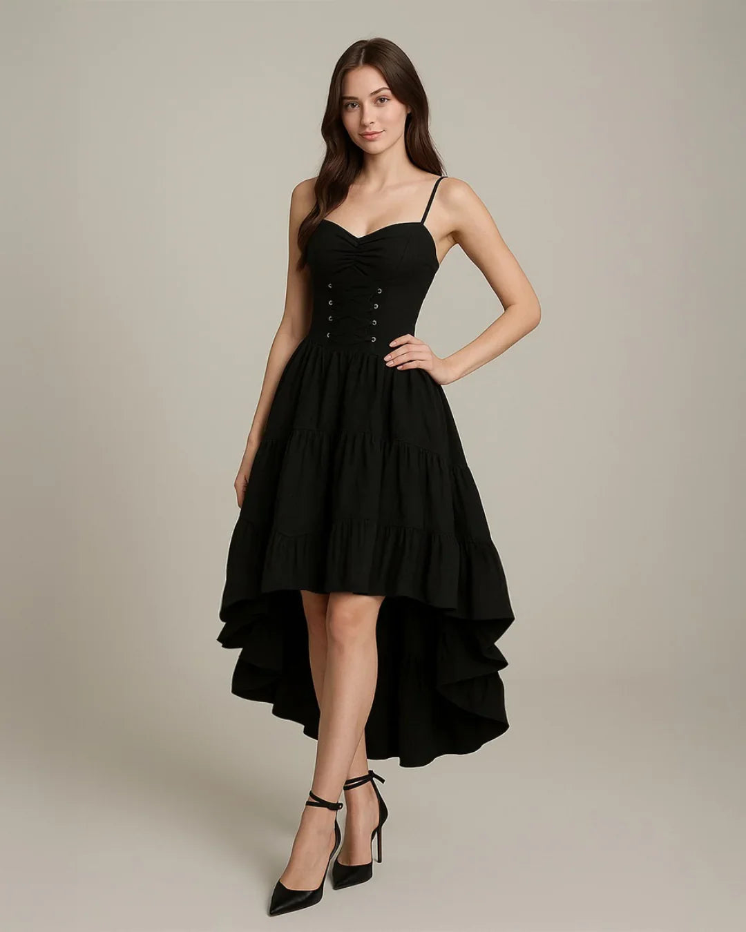 Black High-Low Gothic Dress with Corset Detail - Littlebox India Black High-Low Gothic Dress with Corset Detail - Littlebox India