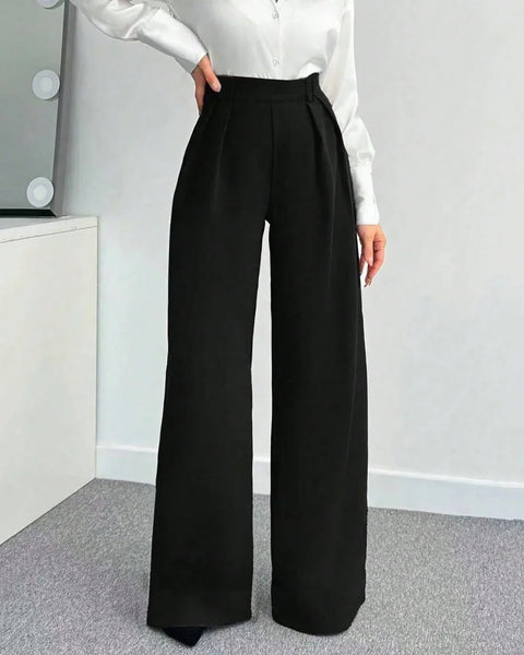 Black High-Waist Pleated Wide-Leg Flowy Trousers Front View For Women | Littlebox India