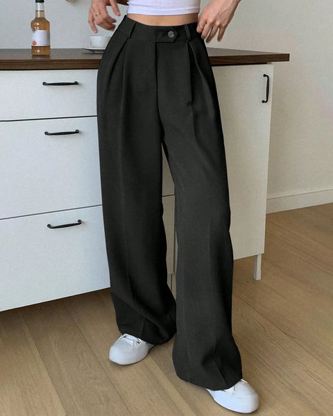 Black High Waist Wide Leg Relaxed Trousers Front View For Women | Littlebox India