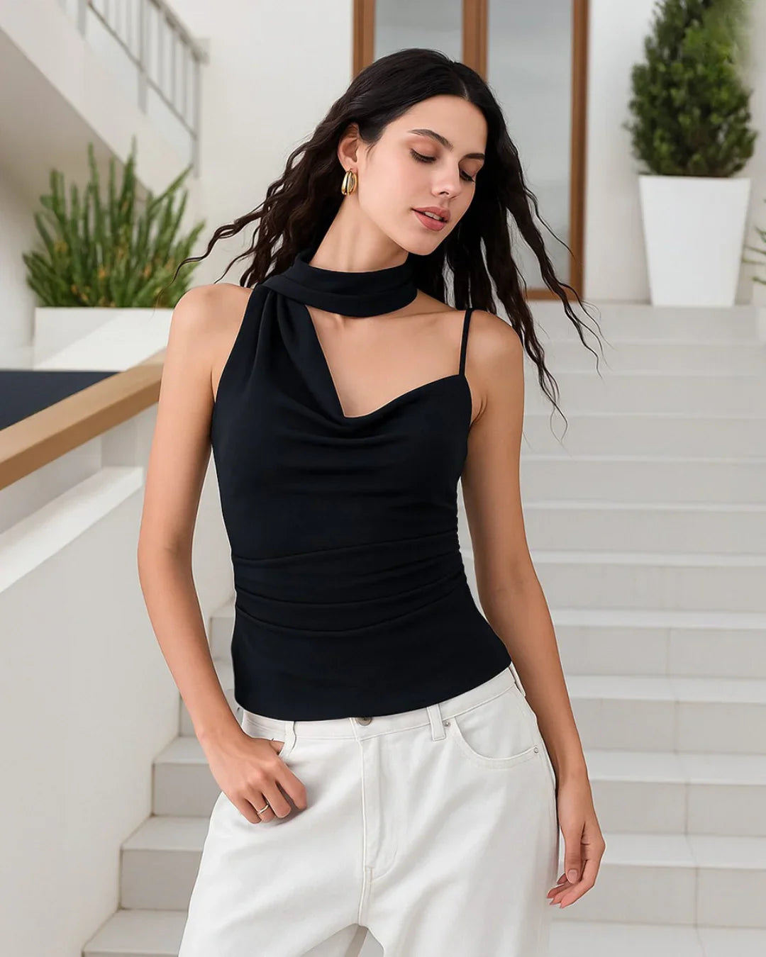 Black One-Shoulder Draped Scarf Top