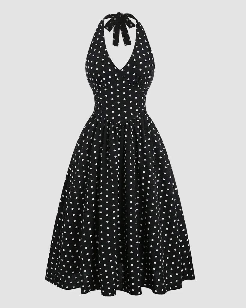 Black Polka Dot Backless Halter Neck Midi Dress