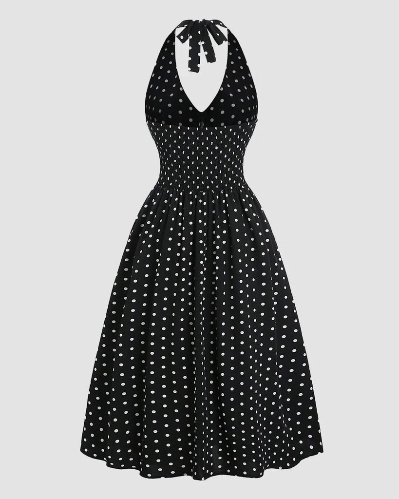 Black Polka Dot Backless Halter Neck Midi Dress