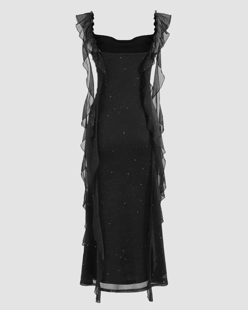 Black Ruched Ruffle Mesh Sleeveless Bodycon Midi Dress Black Ruched Ruffle Mesh Sleeveless Bodycon Midi Dress