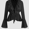 Black blouse with ruffled sleeves and a long tie, featuring a stylish flare sleeve design.