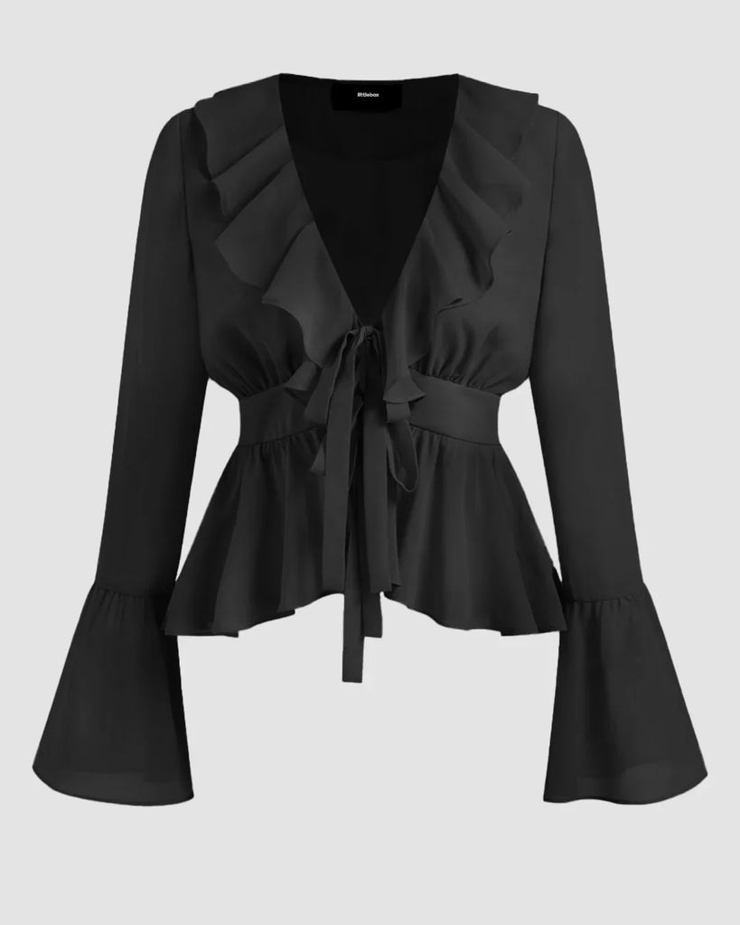 Black blouse with ruffled sleeves and a long tie, featuring a stylish flare sleeve design.