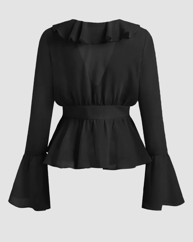Back view of a Black blouse with ruffled sleeves and a long tie, featuring a stylish flare sleeve design.