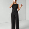 Black Sleeveless Button Vest & Wide-Leg Trousers Co-ords Set Front View For Women | Littlebox India