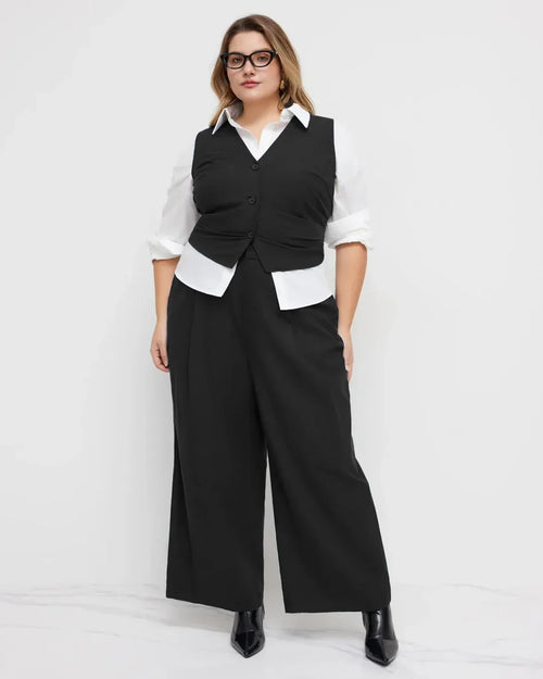 Women wearing vest and pants set womens with black tailored waistcoat, wide leg trousers and white shirt layering