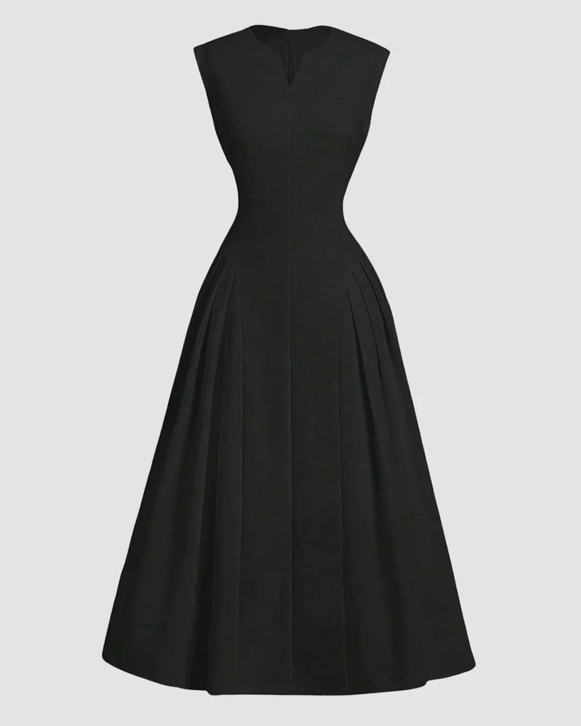 Black sleeveless maxi dress with a pleated neckline and fitted bodice, featuring a flared skirt for an elegant silhouette.
