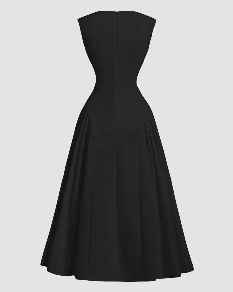 Back view of a Black sleeveless maxi dress with a pleated neckline and fitted bodice, featuring a flared skirt for an elegant silhouette.