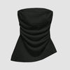 Ruched black tube top with an asymmetric hem, featuring a soft, textured design that flatters and adds a flirty touch