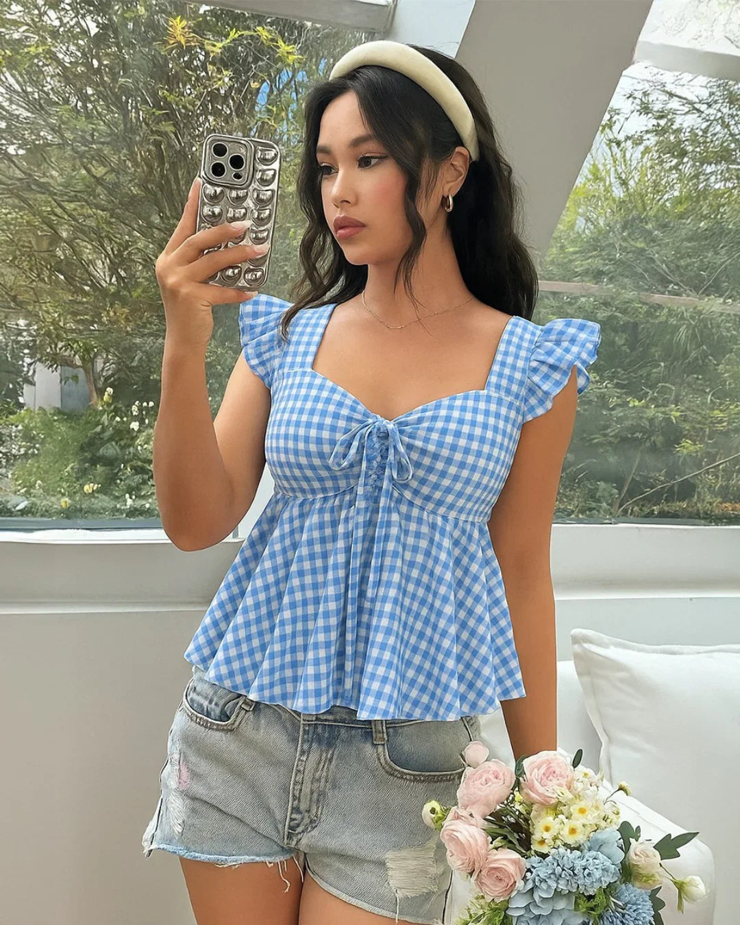 Blue Gingham Ruffle Sleeve Peplum Top - Littlebox India