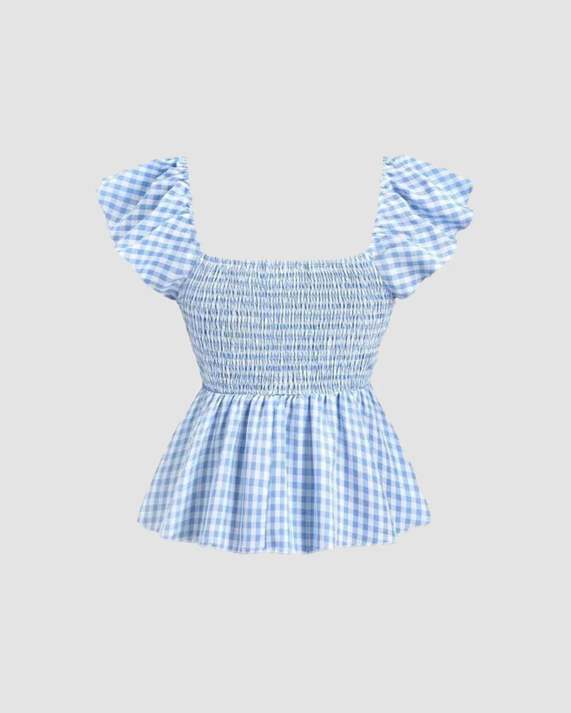 Blue Gingham Ruffle Sleeve Peplum Top