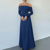 Blue Off-Shoulder Ruched Waist A-Line Twist Maxi Dress Front View for Women | Littlebox India