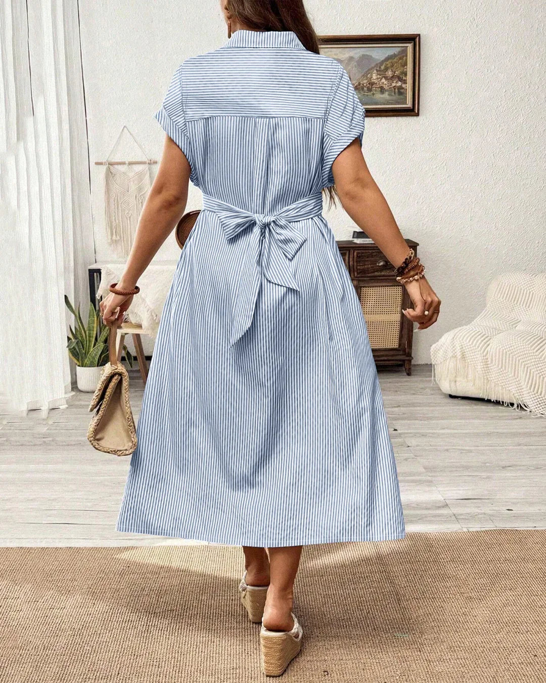 Blue Striped Collared Button-Down Twist Front Midi Dress Curve & Plus Blue Striped Collared Button-Down Twist Front Midi Dress Curve & Plus