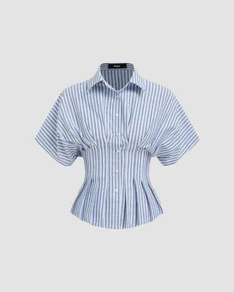 Front view of blue striped collared short sleeve shirt with a cinched waist, adding a stylish touch to casual wear.