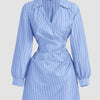 Blue Striped Wrap Front Collared Mini Dress Front View for Women | Littlebox India