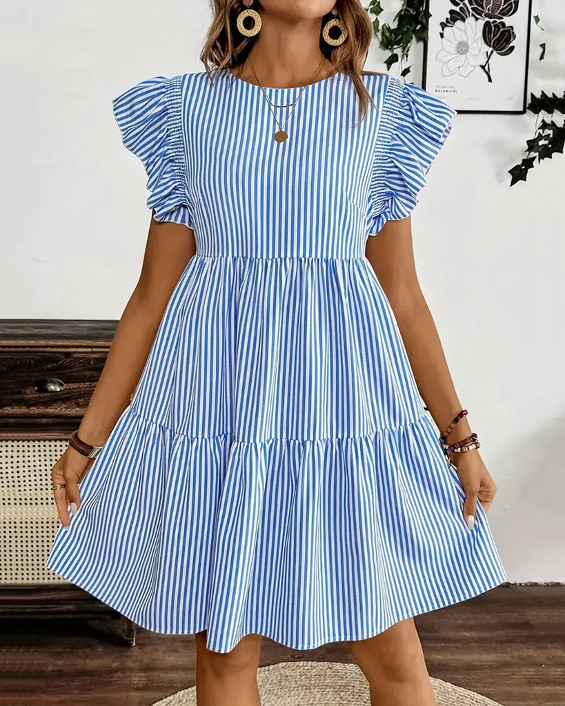 Light and airy blue & white striped mini dress with fluttery ruffle sleeves, perfect for summer outings.