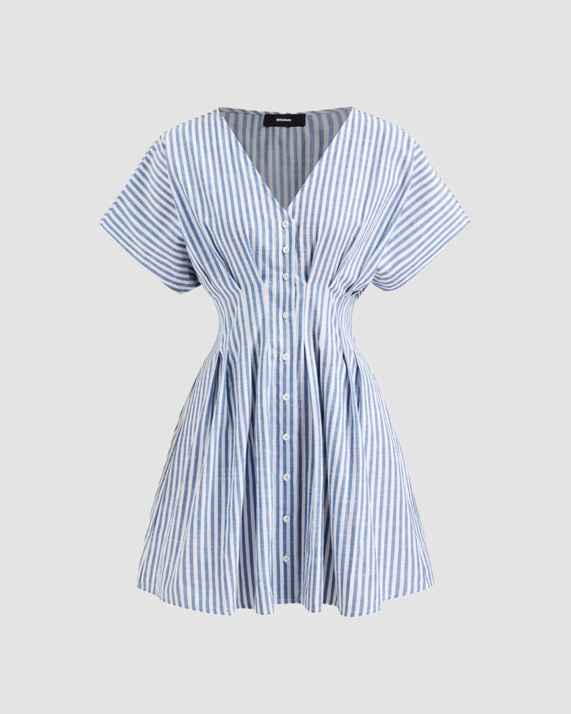 Blue and white striped button-down mini dress featuring a stylish V-neck design.