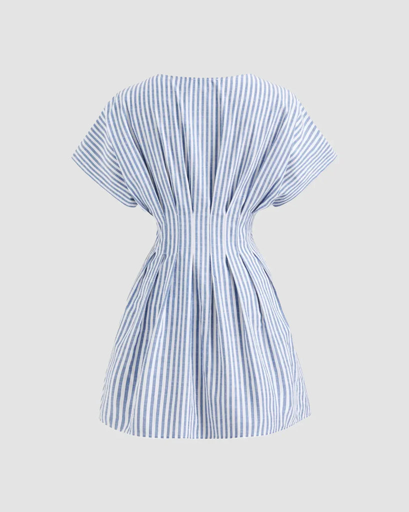 Blue and white striped button-down mini dress featuring a stylish V-neck design.