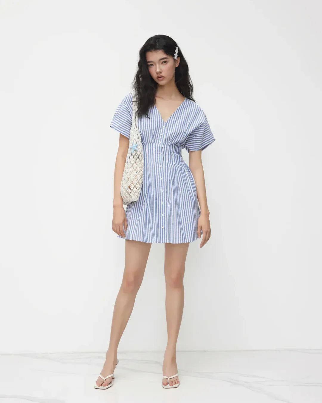 Blue and White Striped Button Down Mini Dress