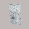 Boat Neck Asymmetrical Hem Floral Sleeveless Top in White and Blue Front View for Women | Littlebox India