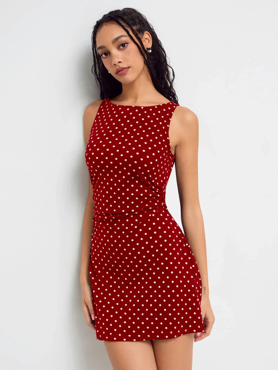 red polka dot bodycon dress Boat Neck Ruched Mini – Littlebox India model-Shelby Men's Blue Loafers & Rush Service:With Rush