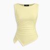 Boat Neck Ruched Asymmetrical Sleeveless Top in Vanilla Yellow Front View for Women | Littlebox India