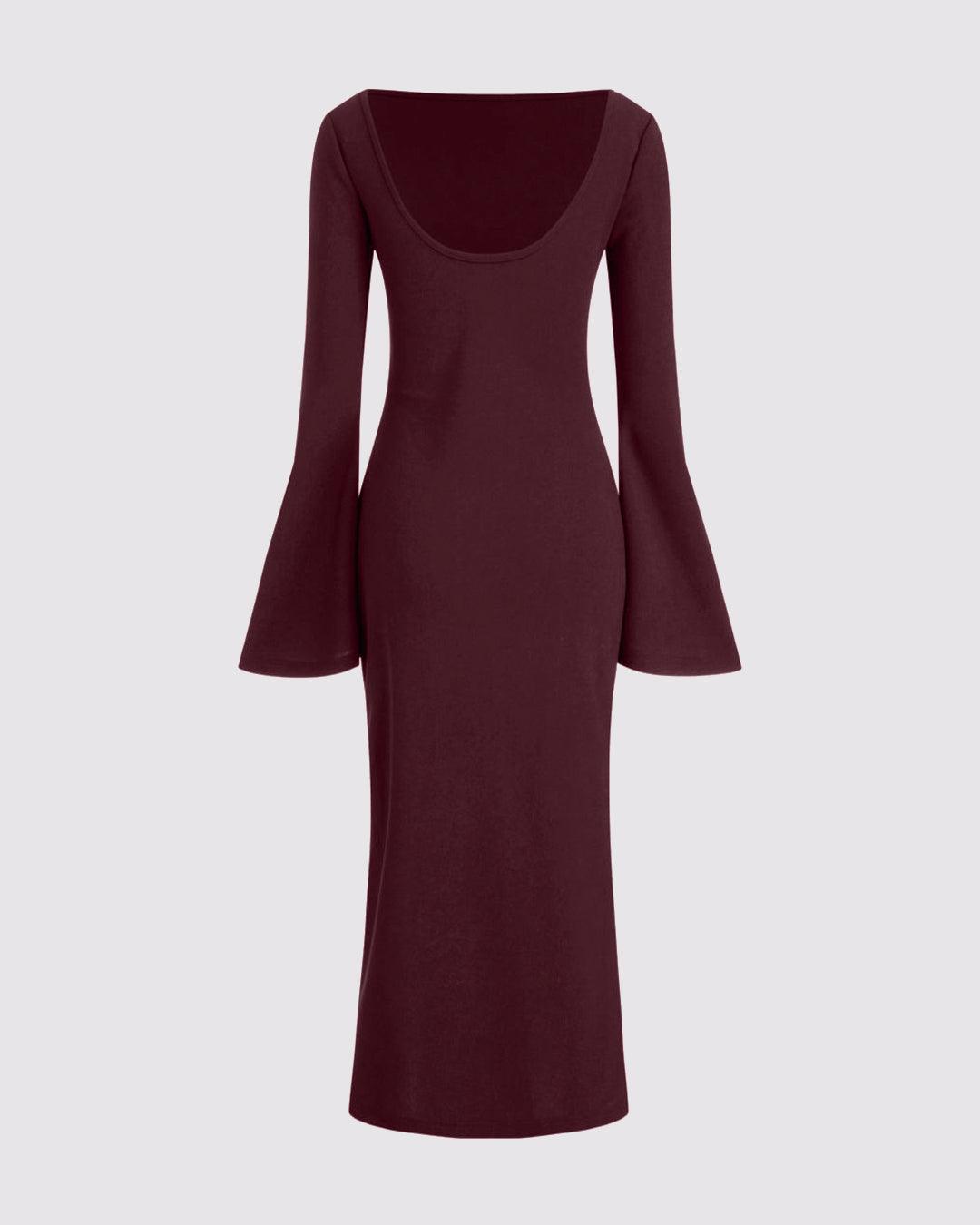 Boat Neck Ruched Bell Sleeve Maxi Dress In Cherry Red – Littlebox India