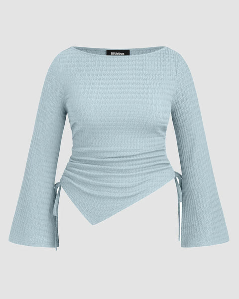 Boat Neck Ruched Drawstring Bell Sleeve Top Curve & Plus in Sky Blue Front View for Women | Littlebox India