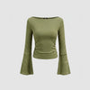 Boat Neck Slim Fit Straight Hem Striped Pattern Bell Sleeve Top Front View for Women | Littlebox India