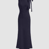 Boat Neck Solid Bowknot Maxi Dress In Navy Blue Front View for Women | Littlebox India