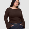 Boat Neck Solid Ruched Long Sleeve Top Curve and Plus in Chocolate Brown Front View for Women | Littlebox India