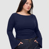 Boat Neck Solid Ruched Long Sleeve Top Curve and Plus in Navy Blue Front View for Women | Littlebox India